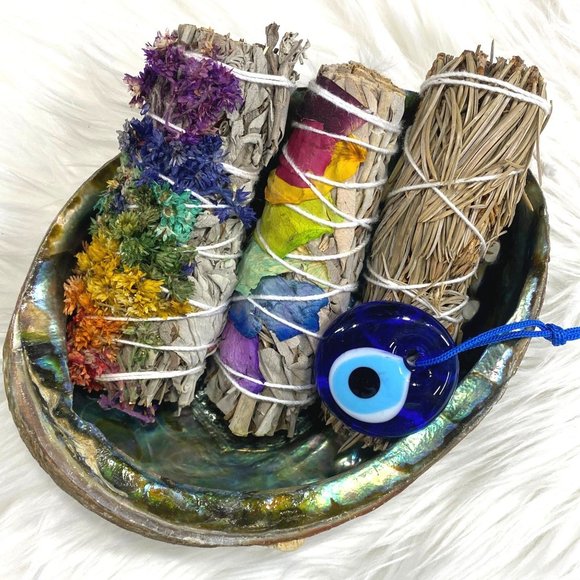 Sage Smudge Kit with 2 White Sage 4"  Pine Herb Bundle 4" Abalone Shell 5-6" - Picture 2 of 3